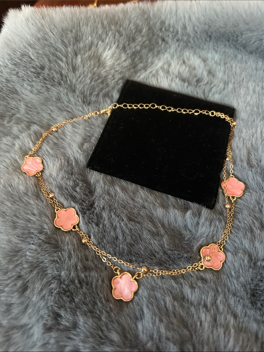 Gold Chain Necklace with Pink Flower Charms